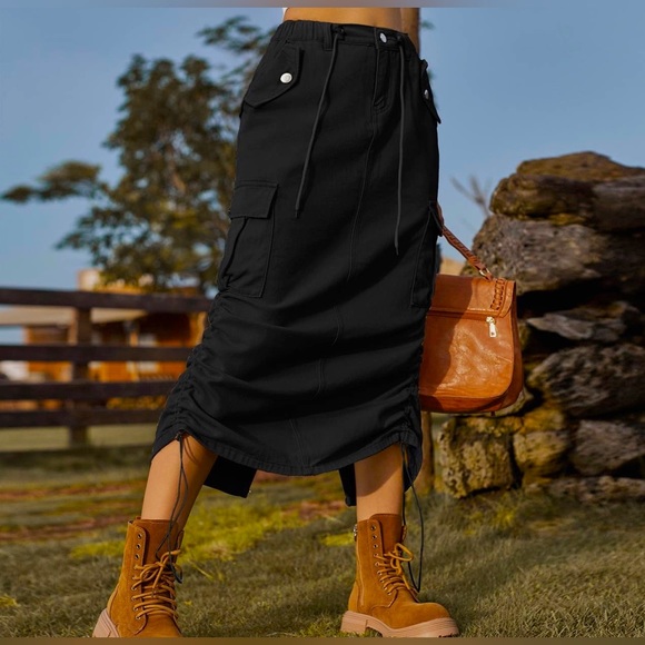 Drawstring Denim Cargo Skirt Casual Midi Skirt - Picture 1 of 8